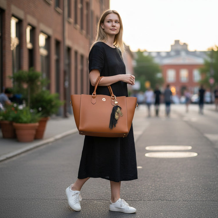 Woman holding a brown tote bag adorned with a horse bag charm walking down on a city street.