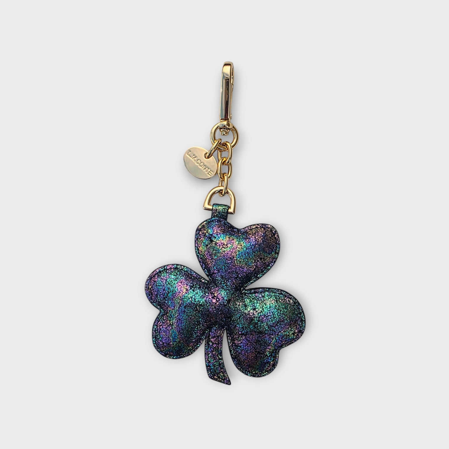 Multicolored iridescent 3 leaf clover L.M.CONTE handbag charm