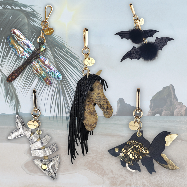 Nature inspired L.M.CONTE handbag charms of plants and animals.